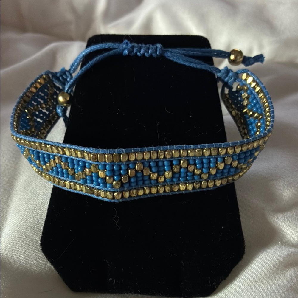 Taj Beaded Bracelet Blue Gold Adjustable New